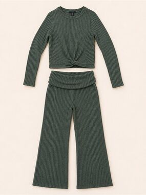 Soho Apparel Olive Ribbed Knit Twist-Front Top & Wide-Leg Pants Set
